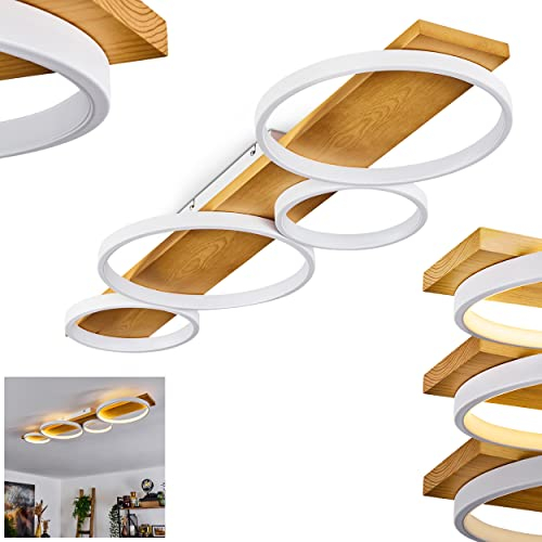 LED Deckenleuchte Rodekro, dimmbare Deckenlampe aus Metall/Holz in Weiß/Natur, über herkömmlichen Lichtschalter dimmbar, moderne Leuchte mit Holzbalken, 1 x LED 44 Watt, 3000 Kelvin, 5100 Lumen