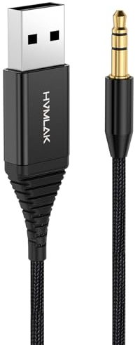 HVMLAK USB Bluetooth Aux Adapter Auto, Bluetooth 5.2 Empfänger Klinke für Auto und Heim Stereo Lautsprecher, Musik Streaming, Freisprechanrufe, CD Sound, Metallschale, 80cm Kabel