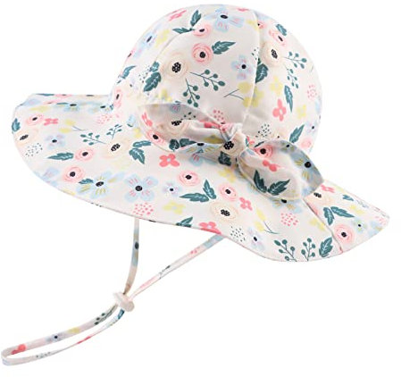 Pesaat Chapeau Bébé Fille Nœud Large Bord Chapeau de Soleil Protection Solaire Bob pour Enfant Fille 0 Mois à 8 Ans (Floral, 3 à 6 Mois)