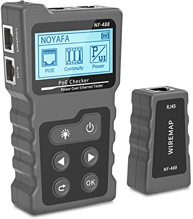 VXSCAN Network Cable Tester, NF-488 POE Ethernet Cable Tester for Power Over Ethernet, Advanced Cable Tester for LAN CAT5 CAT6 Ethernet Cable Tracker, DC Power, Switch Loop-Back Test, Black