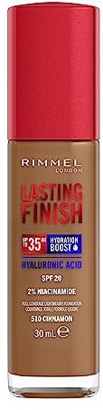 Rimmel Lasting Finish 35Hr Foundation 510 Cinnamon, Full Coverage, Hydrating, SPF20, Hyaluronic Acid, Vitamin E, 2% Niacinamide, All Day Wear, Vegan, Cruelty Free