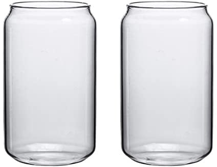 MISNODE Bicchieri, Bicchiere in Vetro con Cannuccia Set da 4 Pezzi, Bicchieri in Vetro a Forma di Lattina, Bicchieri da Birra, Ideale per Cocktail Whisky Vino Frullati Tè Cola(13 once * 2 pezzi)