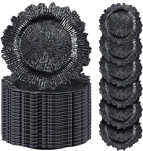 Tanlade 100 Pcs Reef Charger Plates Bulk 13 Inch Plastic Wedding Chargers Floral Decorative Plates with Metallic Ruffled Rim for Wedding Party, Holiday Event Supplies(Black)