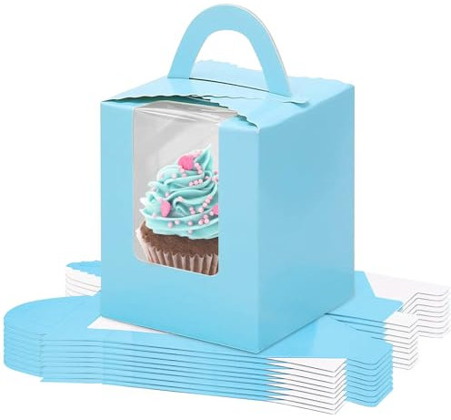 Cupcake Box,10 Pcs Individual Cupcake Boxes Single Cupcake Boxes,Cake Boxes with Window,Cupcake Carrier with Inserts,Individual White Bakery Boxes with Handle,for Weddings, Birthday Parties (Blue)