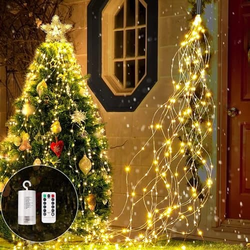 Redefun Lichterschweif 1M 100LED Lichterbündel Batteriebetrieben, 8 Lichtmodi Wasserdicht Wasserfall Lichterkette mit Timer&Fernbedienung für Gießkanne Innen Außen Garten Deko(Warmweiß)
