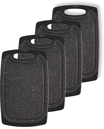 KPYTO Frühstücksbrettchen 4-er Set, 25x15 cm, spülmaschinenfest beidseitig rutschfest mit Saftrille und Griff Schneidebrett Kunststoff klein schwarz