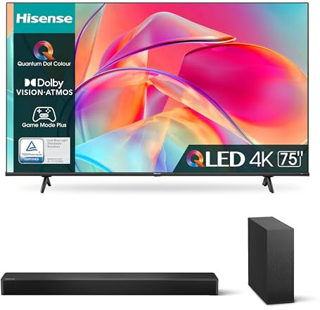 Hisense 75 QLED 4K 2023 75E77KQ, Smart TV VIDAA U6, Dolby Vision, HDR 10+ 4K HS2100 Soundbar 2.1, 240W, Subwoofer Sottile Esterno wireless,