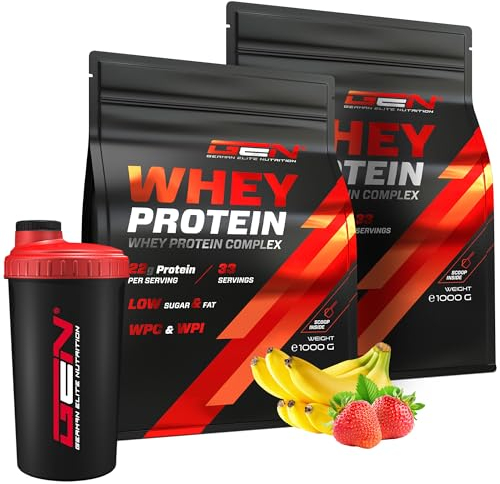 2 kg Whey Protein Komplex + Premium Shaker - Mit Isolate Anteil - Instant lösliches Eiweiss Protein Pulver mit BCAA & EAA - German Elite Nutrition - 2 x 1000 g (Strawberry Banana)
