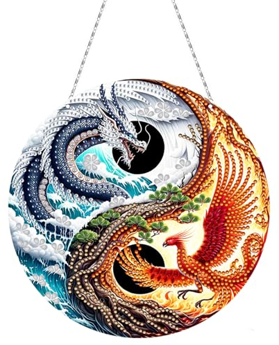 Lebartm DIY Diamant Anhänger Ornament Speziell geformte Kristall-Diamant-Malerei hängend Einseitiges Diamant Ornament für Erwachsene Haus Garten Wand Tür Dekor-Drache und Phönix
