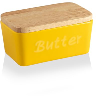 Sweejar Ceramic Butter Dish with Lid for Countertop,Butter Keeper with Thick Wood Lid,Butter Keeper for Counter or Fridge, Butter Holder Storage Kitchen Decor and Accessories for Kitchen Gifts