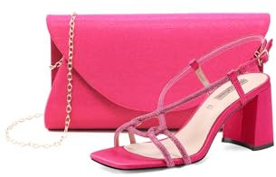 QUEEN HELENA Sandali Eleganti con Strass con Tacco Largo Donna S2870 (Scarpa con Pochette Fucsia, Sistema Taglie Calzature EU, Adulto, Donna, Numero, Media, 37)