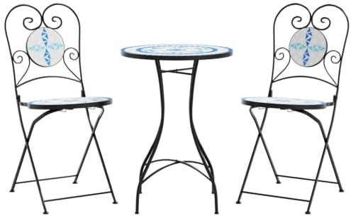 Gecheer Bistroset, Mosaik, Bistrotisch mit 2 Stühlen, Klappbar, Balkonmöbel, Gartenmöbel, Blau und Weiß Eisen und Keramik