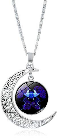 Gémeaux Lumineux 12 Constellations Signes Du Zodiaque Colliers - Croissant De Lune Boule De Verre Pendentif Chaînes Réglables Collier Pour Femmes Et Hommes Bijoux D'Anniversaire Cadeaux,Gémeaux,