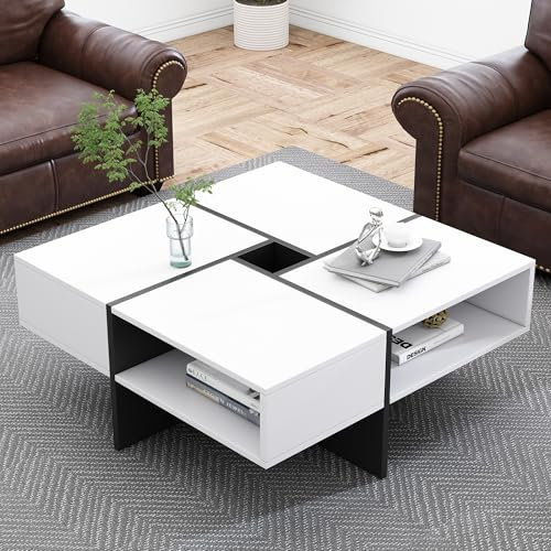BTM Table Basse Salon, Table Basse Blanche avec des Rangements Ouverts, Carrée pour Salon, Charge de 30kg, 70x70x35cm