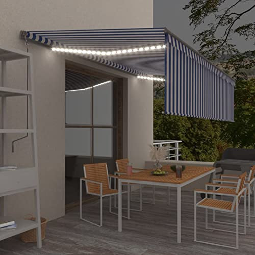 JUDYY Tenda Retrattile Automatica con Parasole e LED 5x3m Blu Bianca,Anti UV,Tenda Sole Retrattile,Tende da Giardino-3069461