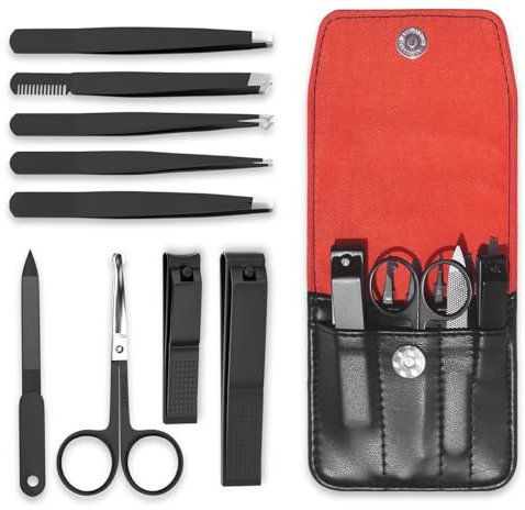 ESSBES Lot de 9 Pinces à Ongles Professionnelles en Acier Inoxydable Avec étui de Voyage en Cuir pour Homme et Femme