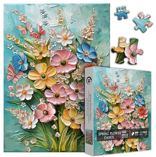 Flower Puzzles for Adults 1000 Pieces, Spring Plant Floral Jigsaw Puzzle, Butterfly Garden Wildflower Art Puzzle Painting