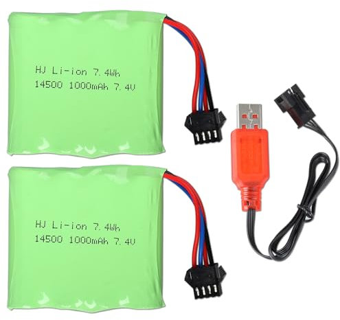 2PCS 7.4V 1000mAh RC Battery Pack with SM-4P plug and USB Charging Cable for RC Car Model Buggy RC Boat Truck RC Flatbed Semi-Trailer and Gel Blaster Battery