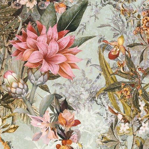 Flowers wallcovering Wall Profhome 381771-GU Smooth Non-Woven Non-Textured Wallpaper with Floral Ornaments matt Green Pink Yellow Olive Grey 5.33 m2