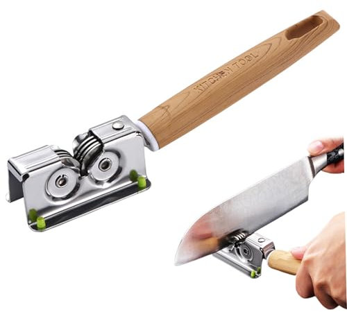 Knife Sharpener 7.7'' Stainless Manual Knife Sharpener with Wood Grain Handle Quick & Smooth Roller Kitchen with Hanging Hole for Kitchen & Fruit Knives