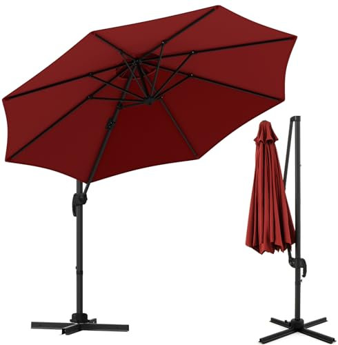 KOMFOTTEU 300 cm Sonnenschirm mit Kreuzfuß, Ampelschirm neigbar & 360° drehbar, Gartenschirm mit Kurbel, Terrassenschirm für Strand, Pool (Rot)