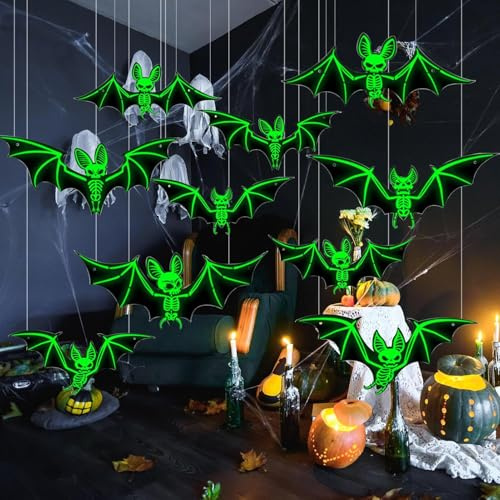 PacuM Halloween Decoracion Contiene 10 Adornos Murciélago | Halloween 12 Pegatinas Fieltro y 2 Rollos Hilo Pescar Desmontable para Fiestas Ventana Decoración