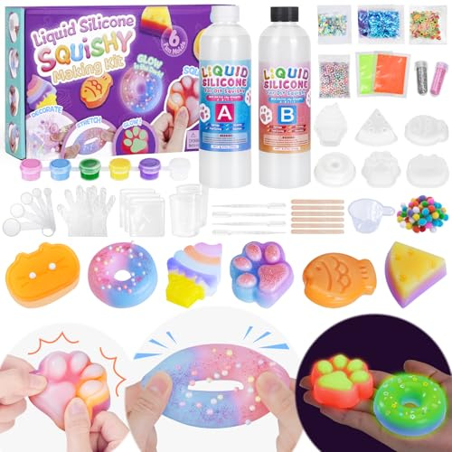 Highttoy Leuchtender Flüssigsilikon Squishy Bastelset Kinder, 480ml 1:1 Verhältnis Gemischt Squishy Selber Machen Set mit 6 Formen & Zubehör, Stressabbau Sensorik Spielzeug Geschenk ab 6 Jahre