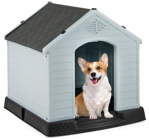 FANTASK Outdoor Hundehütte aus Kunststoff, Hundehöhle mit Erhöhtem Boden & Wasserfestem Dach, wasserdicht Hundehaus für Garten Drinnen Draußen (70x65x71,5cm-Grau)