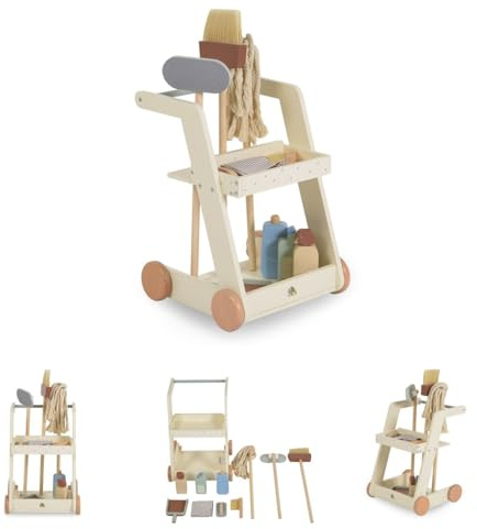 Moni Kinder-Spielzeugputzwagen W10D787 Holz Besen Mopp Schwamm Bürste mit Räder beige