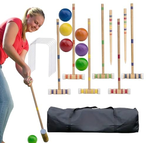 Krocket-Spiel – Familienspiel für 6 Spieler | Tragbares Holzrasensport-Set, langlebige Schlägerball-Ausrüstung, Gartenpark-Aktivität im Hinterhof, Ju