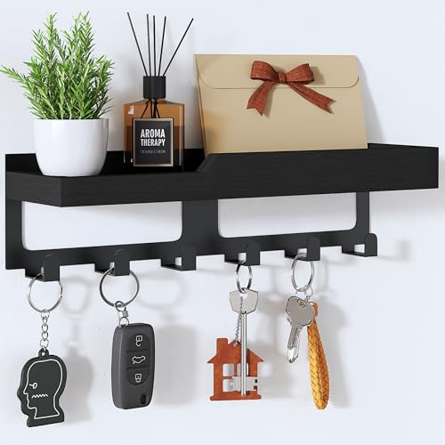 HapiRm Schlüsselbrett mit Ablage – Shlüsselhaken mit Holztablett & 6 Haken | Schlüssel Organizer Wand, Wohnkultur Schlüsselkasten Holz Schlüsselbord, Schlüsselbrett Wand für Flur, Eingangsbereich, Büro