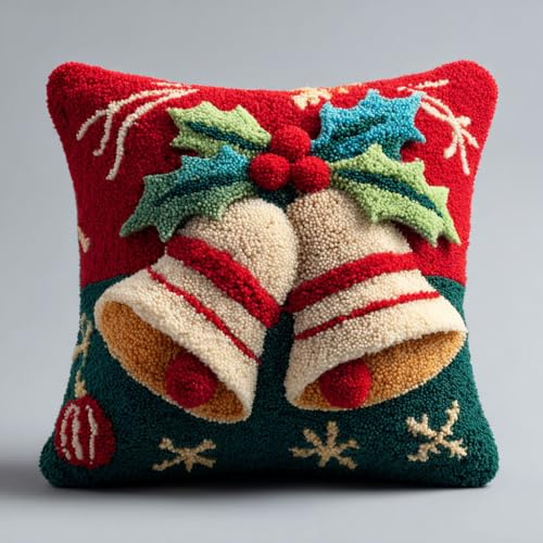 Henypt Knüpfkissen-Set, Weihnachtsglocken Kreuzstich Knüpfkissen Zum Selber knüpfen Kissen Set,DIY Knüpfteppich Knüpfpackung,43x43cm