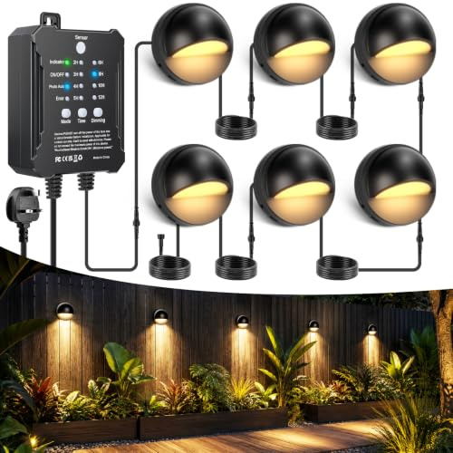 All-in-One Low Voltage LED Deck Lights Kit, 6 Pack IP67 Waterproof Garden Fence Lights with 24W Transformer Sensor and Timer, 3000K Warm White Outdoor Deck Lighting for Step, Patio and Garden