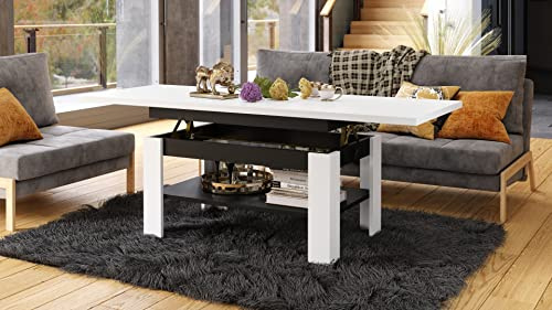 designimpex Rio Couchtisch ausziehbar höhenverstellbar 130/170 cm in Weiß Matt/Schwarz Matt modern Ablage Wohnzimmertisch Esstisch Beistelltisch Sofatisch Couch Tisch Living Room Table Wohnzimmer