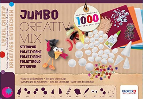 GLOREX 6 3803 805 - Jumbo-Creativ-Mix, ca. 1100 Teile, umfangreiches Bastelset mit Styroporartikeln, Filzplatten, Federn, Stäben und Schmucksteinen