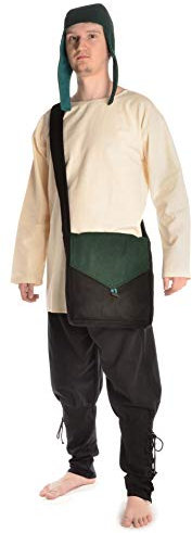 HEMAD Mittelalter Umhänge-Tasche Wollfilz Hornknopf mit Innenfutter Modell: Dwain, Zweifarbig Schwarz-Grün