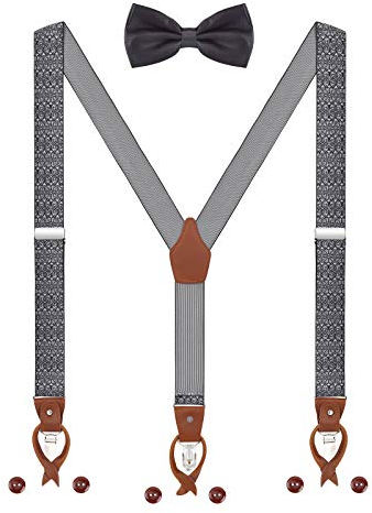 Herren Hosenträger Fliege Set 2 WAY TO WEAR 6 Leder Knopfloch 3 Clips Y-Form 3,5cm Breit Verlängerte Hosenträger für Körpergröße 160-200cm - Weiß Schwarz Paisley