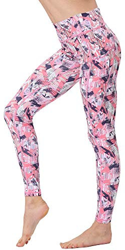 FLYILY Frauen Yoga Pants Gedruckt hohe Taillen-Power Flex Capris Workout Gamaschen für Fitness Laufen(Pink,M)