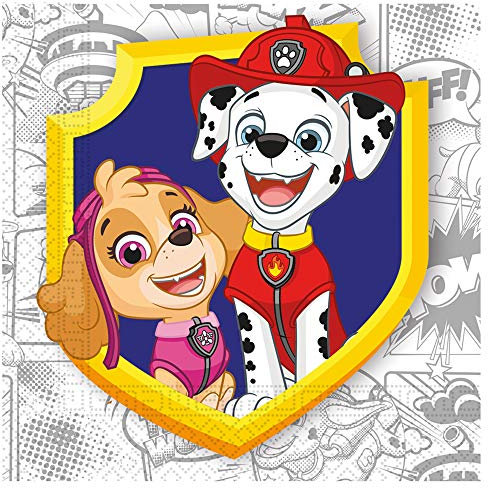 Procos 91668 - Servietten Paw Patrol, Marshall & Skye, 20 Stück, Größe 33 x 33 cm, kompostierbare Papierservietten, Motivservietten, Paw Patrol, Tischdekoration, Mundtuch
