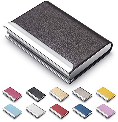 Porte-Cartes de Visite de Luxe en Cuir synthétique avec Porte-Cartes et étui en Acier Inoxydable pour Cartes de Visite - Porte-Cartes Fin en métal avec Fermeture magnétique - Marron