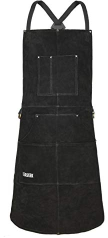 LeaSeek Grembiule Saldatore Professionale in Pelle,Grembiule da Lavoro di Cuoio Molto Resistente per Fabbro o Falegname,resistente al calore e ignifugo, con 6 tasche