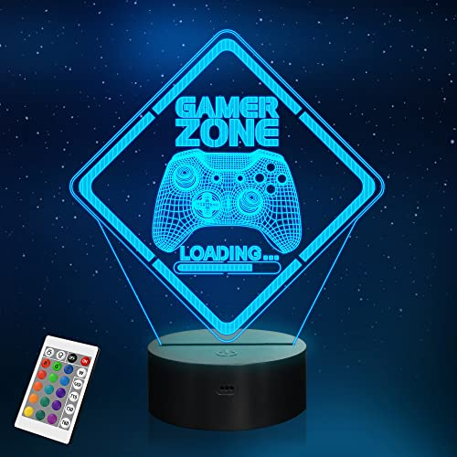 Gamer Zone - Luce notturna per gamepad videogiochi grafici gamer regalo divertente Lampada illusione 3D in 16 colori che cambiano timer e telecomando per uomini, ragazzi