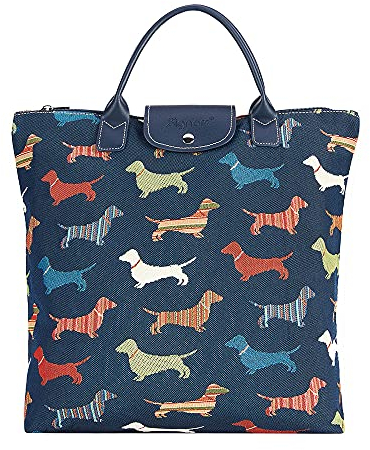 Signare Faltbare Einkaufstasche, Gobelin, wiederverwendbare Einkaufstasche, Einkaufstasche mit Tier- und Haustier-Design (Dackel, FDAW-DACH), beige, 30.48 cm x 8.89 cm x 35.31 cm