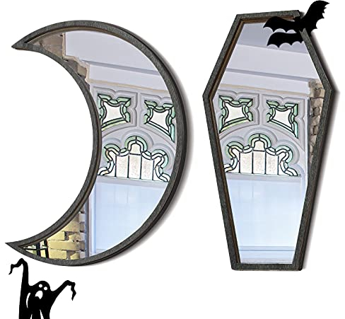 Marsui Kleiner Sarg-Mondspiegel, niedlich, Gothic, Raumdekoration, gruselig, Gothic, dekorativer Spiegel, rustikal, schwarz, Wanddekoration, Wandmontage, für Halloween, Innendekoration, 15,2 cm, 2