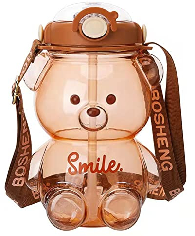 Botella de agua de oso kawaii botella de agua portátil para niños de dibujos animados taza de paja para deportes al aire libre, jarra de agua con correa para