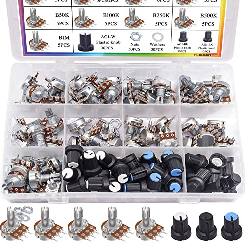 Taiss 200PCS Potentiometer Kit with Rotary knobs,WH148 B1K 5K 10K 20K 50K 100K 250K 500K 1M ohm potentiometers Single Linear Taper Rotary Audio B Type Potentiometer Assortment and Nuts, Washers