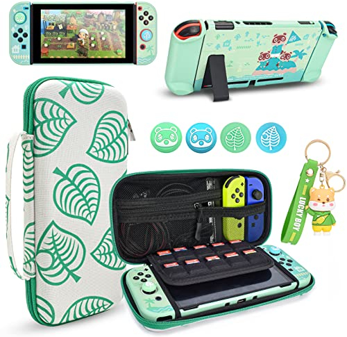 DLseego Tragetasche für Nintendo Switch, Zubehör Bundle für Switch Konsole mit Dockable Hart Cover Animal Crossing Hülle und Daumengriffkappen und Bär Charms - Grün