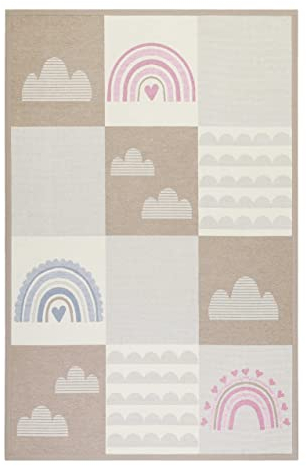 Wendbarer Kurzflor Esprit Kinderteppich mit Regenbogen vorne und Himmel hinten für Kinderzimmer - Lovely Rainbow (70 x 140 cm, beige)