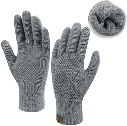 Damen Winter Warm Touchscreen Handschuhe Thermo Gestrickte Winterhandschuhe Doppellagige Strickhandschuhe mit Fleece Gefütterte Frauen Geschenk, Dunkelgrau