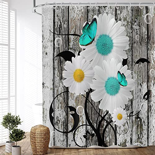 ASDCXZ Duschvorhang Blumen Vintage 180x200 cm, Retro Holzmaserung Weiß Türkis Daisy Motiv Wasserdicht Textil Bad Duschvorhänge Waschbar Stoff Duschvorhang für Badewanne mit 12 Duschvorhang Hake